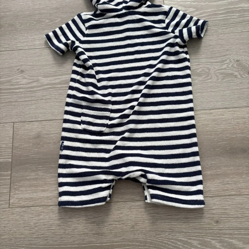 Snapper Rock Kids Navy‎ Blue White Stripe Pocket Hooded Romper 6-12 Months